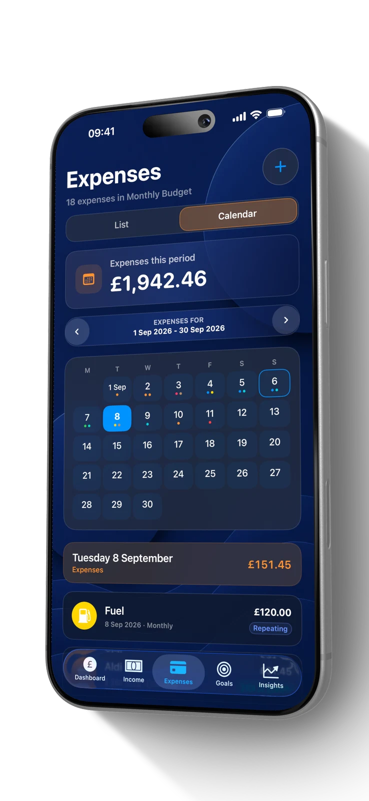SiBalance Expenses screen showing manual and repeating transactions