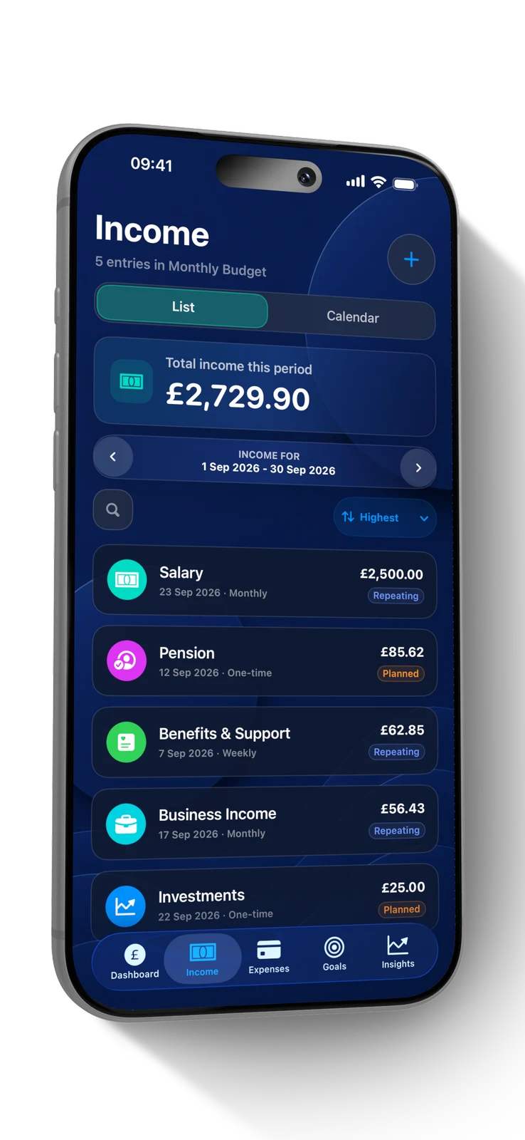 SiBalance Income screen showing manual and repeating transactions