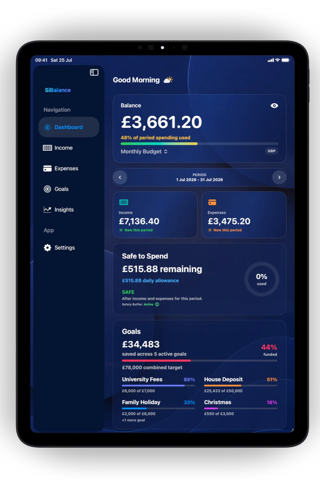 SiBalance Dashboard on iPad in dark mode with sidebar navigation, Safe to Spend and Goals progress