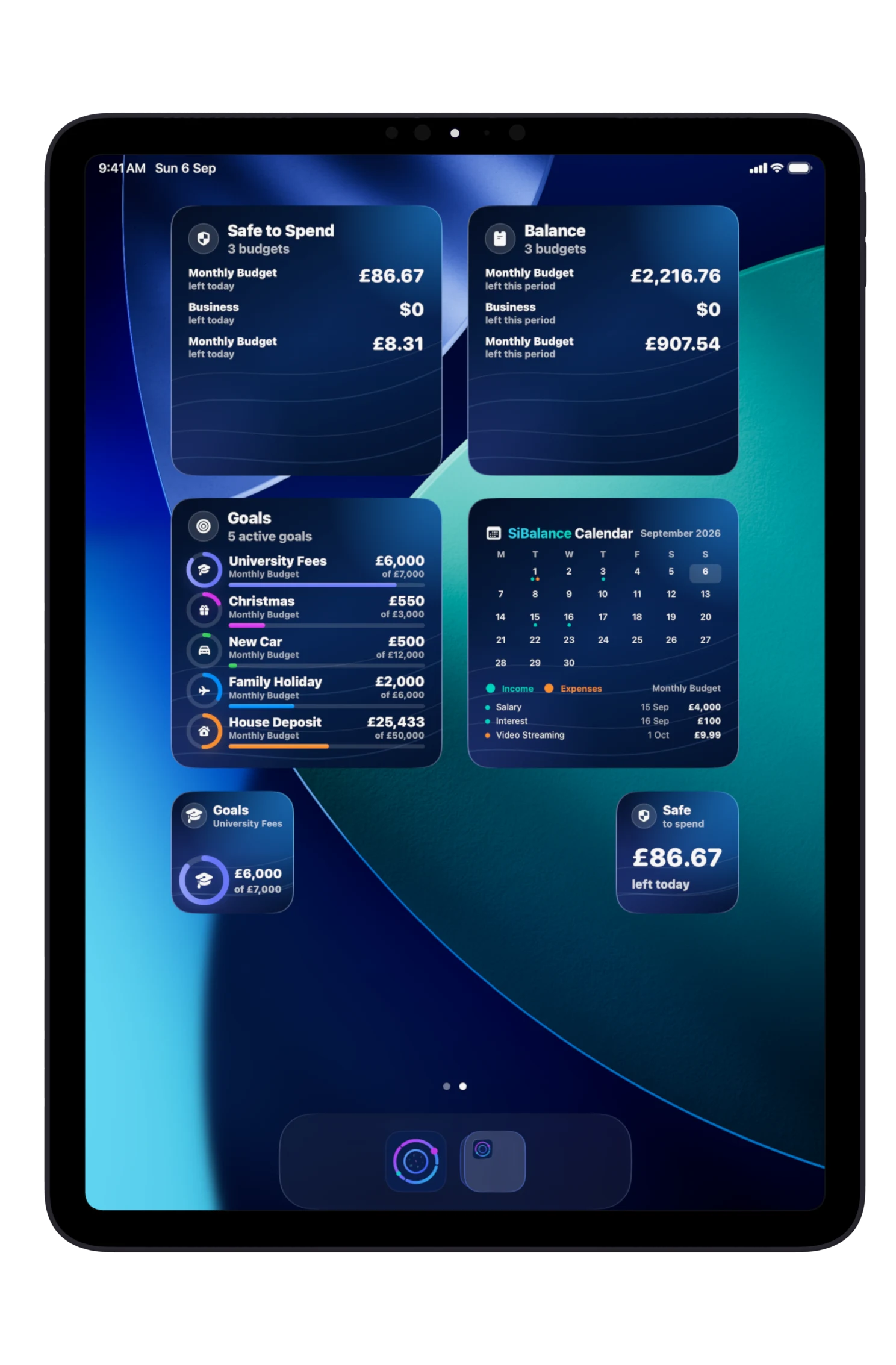 SiBalance widgets on iPad showing Safe to Spend, balances and active Goals