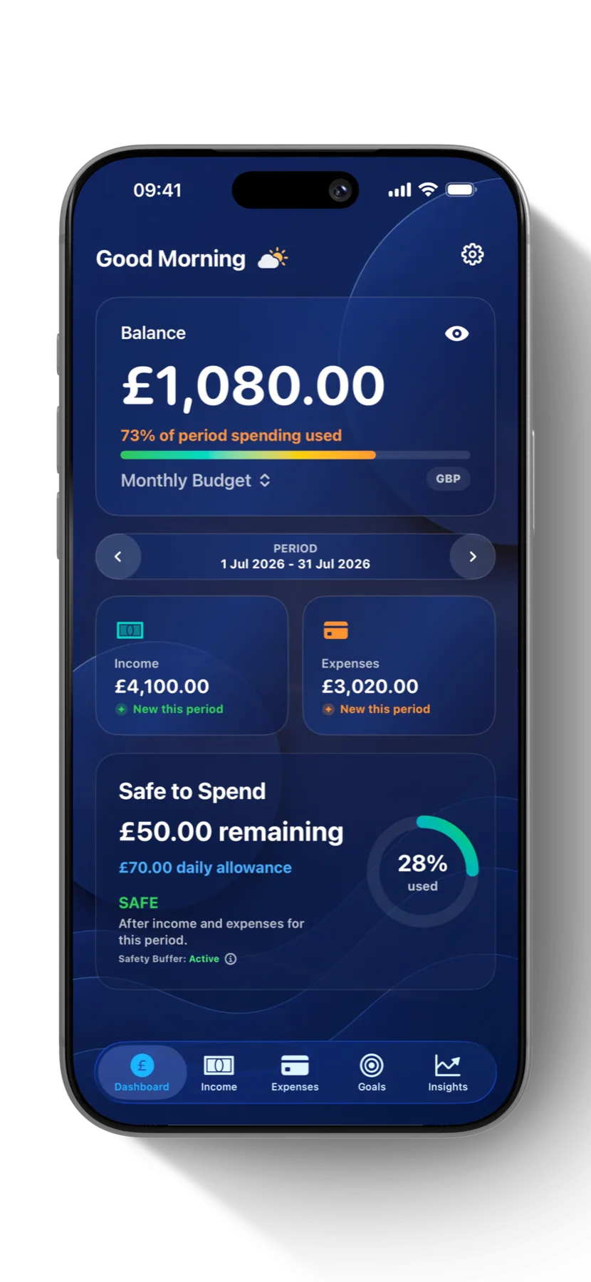 SiBalance dashboard showing a monthly budget and Safe to Spend allowance